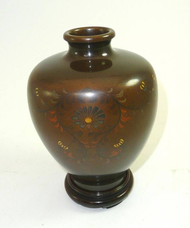 Lot 91 - Japanese inlaid bronze vase on hardwood stand