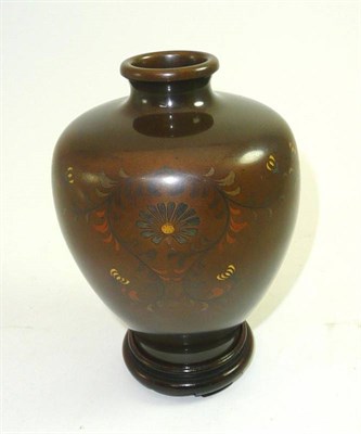 Lot 91 - Japanese inlaid bronze vase on hardwood stand