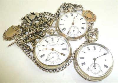 Lot 112 - Three silver open faced pocket watches, two silver watch chains, fancy linked white metal chain and