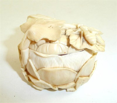 Lot 117 - Carved ivory box and cover as insects on a lotus blossom
