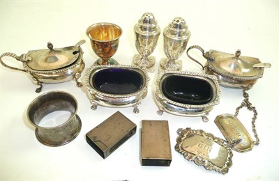 Lot 118 - Quantity of silver comprising: pair of late Victorian pepperettes on square bases, pair of...