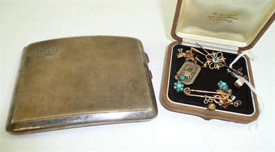 Lot 123 - A silver cigarette case, an aquamarine bar brooch, a 'Cancer' pendant, earring fittings, ring clip