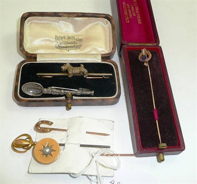 Lot 130 - A 9ct gold pin, by Charles Horner (a.f.), a pearl set pin, a horseshoe pin, a seed pearl and...