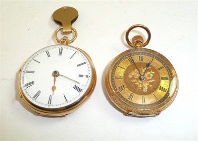 Lot 132 - An 18ct gold fob watch with Birmingham hallmarks to the case, and another fob watch with case...