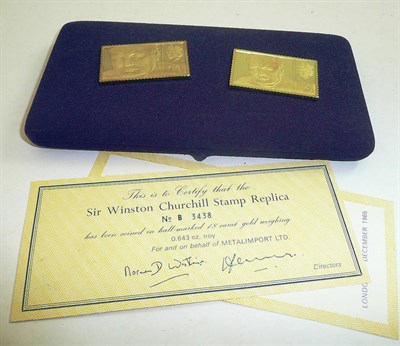 Lot 133 - Two 18ct gold commemorative Winston Churchill stamp replicas, cased, with certificates