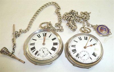 Lot 138 - Two silver open faced pocket watches, two silver watch chains and attached paste set watch key...