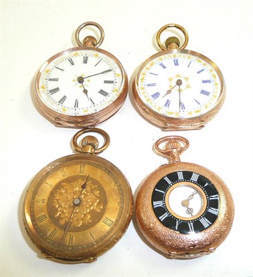 Lot 157 - Four fob watches with cases stamped '9c', '18k', '14c' and '0.585'