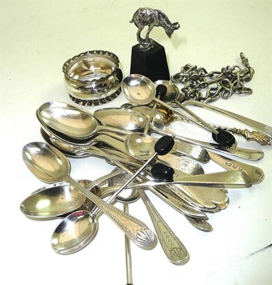 Lot 158 - Twenty one various silver spoons, a silver napkin ring, a silver watch chain and a Continental...
