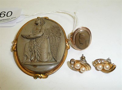 Lot 160 - A lava cameo brooch, a lava cameo ring and a pair of earrings
