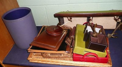 Lot 166 - Asprey leather waste paper bin, leather desk trays and blotters, scissors, tape measure, anchor...