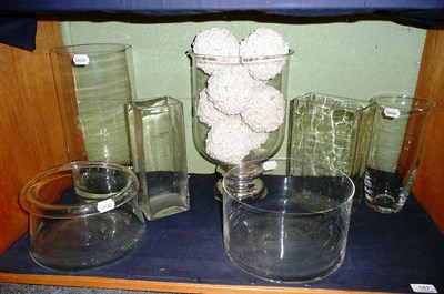 Lot 167 - Large glass vase with paper balls, a cylindrical vase, three others and two large bowls