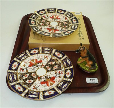 Lot 195 - Two Royal Crown Derby plates, Halcyon day's dog and an Oriental plate