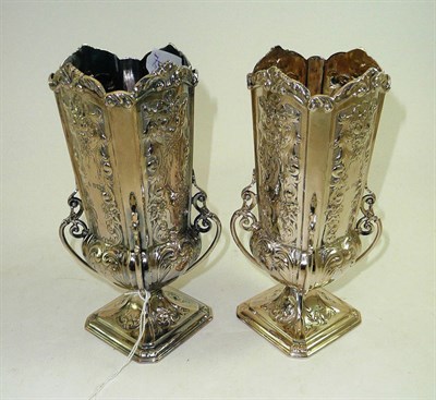 Lot 204 - A pair of Edwardian silver square section vases, A over HT, Sheffield, 1903