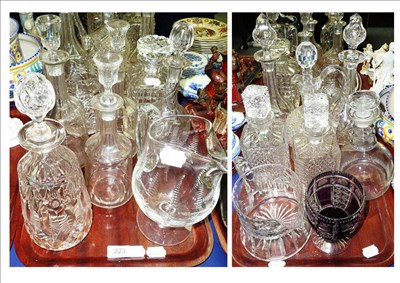 Lot 223 - Two trays of assorted glassware, mostly decanters with stoppers