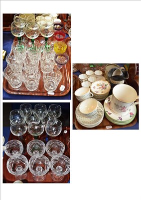 Lot 235 - Three trays of assorted drinking glasses, teawares, Toby jug, Wedgwood commemorative mug etc