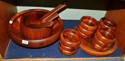 Lot 256 - Danish wooden ware by Dansk Design and Diegsmed comprising two salad bowls, two pairs of servers, a