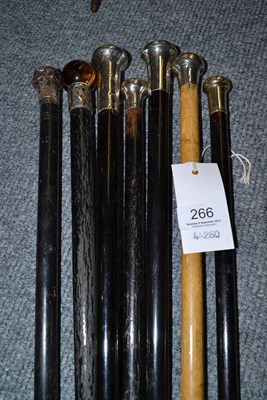 Lot 266 - Seven assorted walking canes, mostly ebony examples, with silver pommels