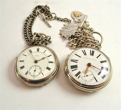 Lot 301 - Two silver open faced pocket watches, two white metal chains with two attached silver medals