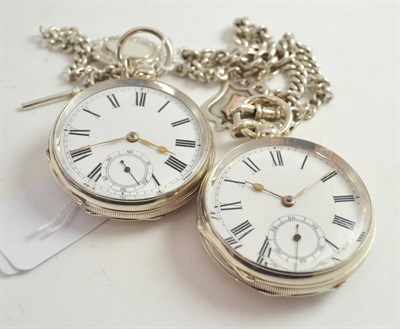 Lot 317 - Two silver open faced pocket watches with Birmingham hallmark cases, two silver watch chains...