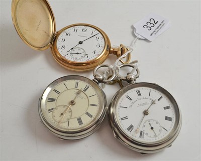 Lot 332 - Two silver open faced pocket watches and a plated full hunter