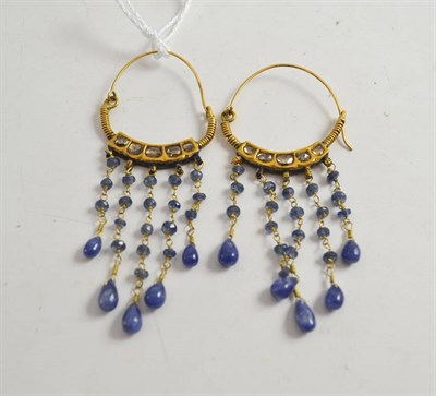 Lot 333 - A pair of sapphire and diamond Indian earrings