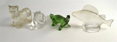 Lot 387 - Four Lalique animals comprising panda, Yorkshire terrier, fish mascot and green lizard