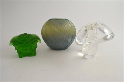 Lot 393 - A Lalique blue vase, a Steuben clear glass mushroom and a Rosenthal Versace green mask