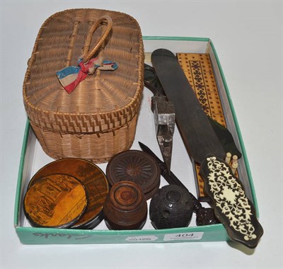 Lot 404 - Treen including cribbage board, nutmeg grater, snuff boxes, paper knives etc