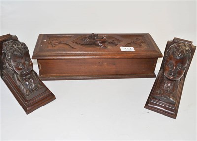 Lot 413 - Pair of carved walnut book ends originally from a chapel in Naples, a wooden box and a stained...