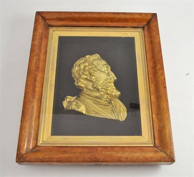 Lot 415 - A gilt metal portrait bust of a bearded gent in a maple frame, possibly Henry IV of France