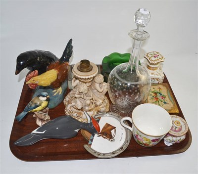 Lot 420 - A tray including a china figural lamp, glass decanter, scent bottle, Royal Dux ornament,...