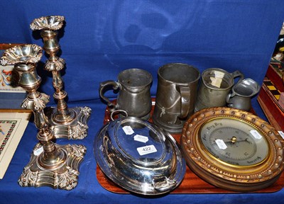 Lot 422 - A pair of silver plated candlesticks, entree dish, nutcrackers and four pieces of pewter