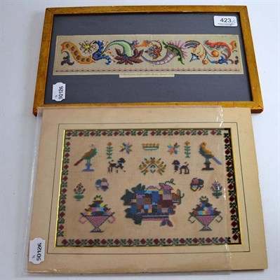 Lot 423 - An unframed beadwork sampler, a needlework sampler and a framed Berlin woolwork pattern