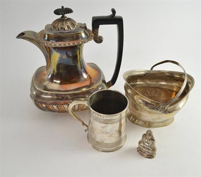 Lot 425 - A silver coffee pot, silver mug, sterling figure of a Buddha and a white metal basket with...