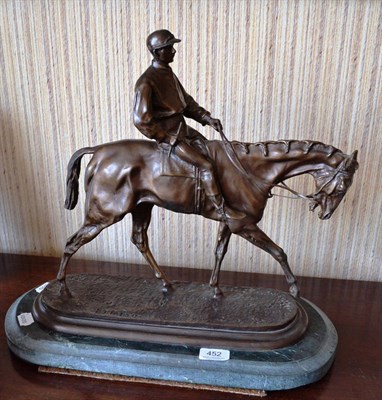 Lot 452 - After Pierre Jules Mene 'Le Vainqueur du Derby' bronze, signed in the cast, on a veined green...