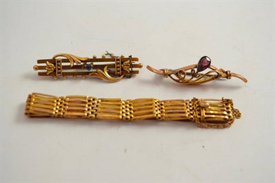 Lot 486 - A bracelet - clasp stamped '9c', brooch stamped '15c' and a brooch stamped '9ct' (3)