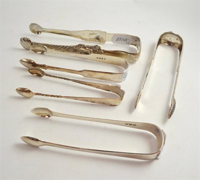 Lot 491 - Five pairs of sugar tongs, various makers, years and assays