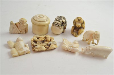 Lot 496 - Six carved netsukes, a small pill box with screw lid and two animal ornaments