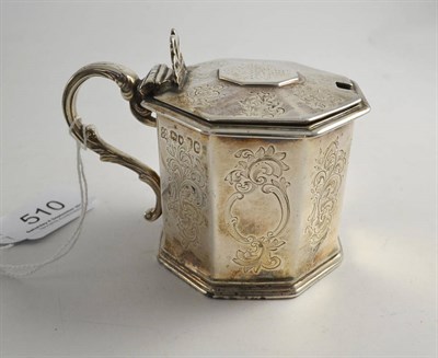 Lot 510 - A Victorian silver mustard pot, JAJA London 1841, with engraved decoration and scroll handle,...