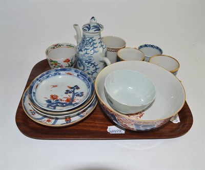 Lot 527 - A tray of 18th century Oriental ceramics including five cups, tea bowl, slop bowl and four...