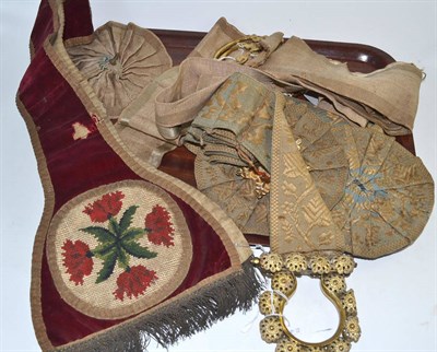 Lot 530 - Pair of fabric tie-backs with gilt metal handles and matching fabric rosettes; another pair...