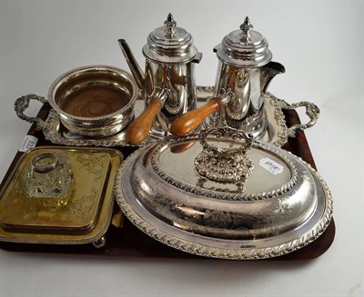 Lot 533 - A good silver plated oblong tray with cast border and handles, two chocolate pots, an entree...