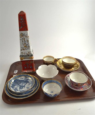 Lot 537 - A polychrome decorate obelisk, three Chinese blue and white saucer dishes, a tea bowl, Chinese...