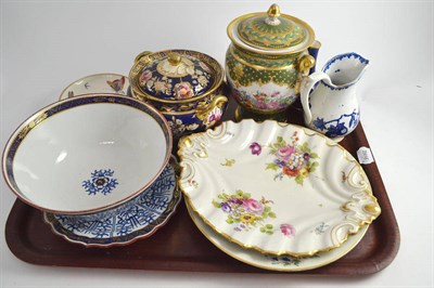 Lot 575 - A tray of English porcelain including Coalport style blue and gilt sucrier, slop bowl and...