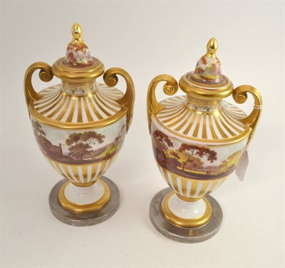 Lot 577 - A pair of Staffordshire porcelain urn shape vases and covers, circa 1820, with sloping...