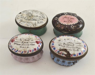 Lot 579 - Four 18th century Staffordshire enamel boxes (damages)