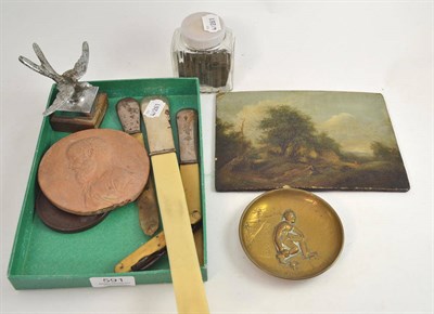 Lot 591 - A quantity of collectors items, including a collection of pennies, an oil on board, penknife,...