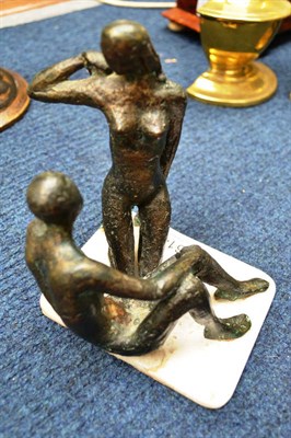 Lot 614 - A 20th Century Bronze Figure Group, modelled as a nude male and female, unsigned, on white...