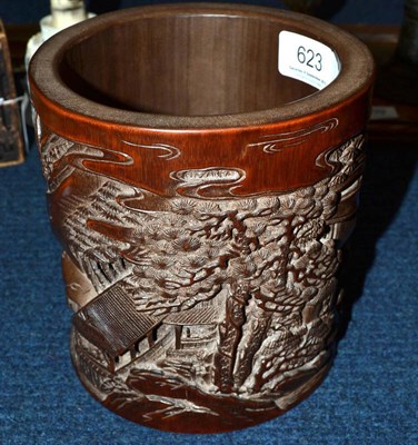 Lot 623 - A Chinese carved bamboo brush pot