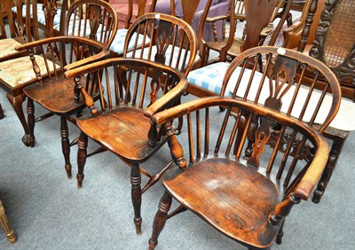 Lot 729 - Three similar ash and elm Windsor armchairs